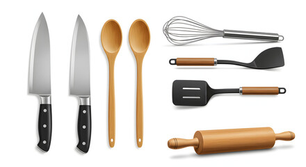 Set of shiny metal kitchen cutlery, including a fork, knife, and spoon, isolated on white