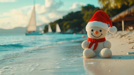 A detailed shot of a sandman wearing a red Santa hat, set on a quiet beach with turquoise waves gently lapping at the shore and sailboats in the distance, creating a perfect holiday atmosphere.