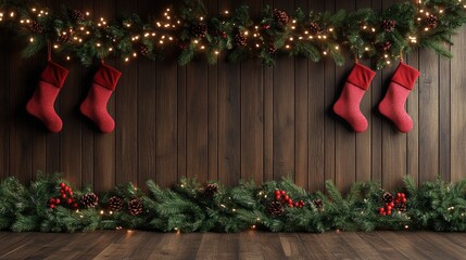 A cozy wooden display features Christmas stockings, pinecone garlands, lights, and red bows. There is an empty space in the center that could be used for an advertisement or holiday promotion.