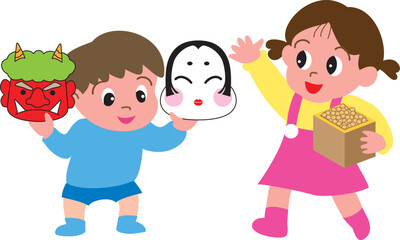 節分でお面を持つ男の子と豆をまく女の子
