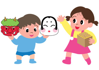 節分でお面を持つ男の子と豆をまく女の子
