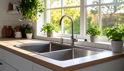 Bright Modern Kitchen Sink With Plants And Sunlight