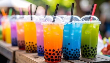 Colorful Layered Boba Drink in Plastic Cup with Straw