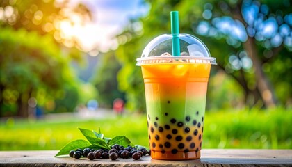 Colorful Layered Boba Drink in Plastic Cup with Straw