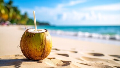Fresh Coconut Drink on the Beach with Straw