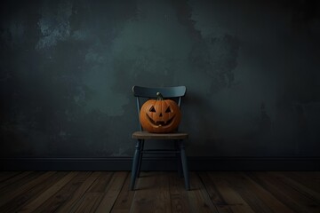 Halloween Jack-o'-Lantern on Blue Chair in Moody Dark Room