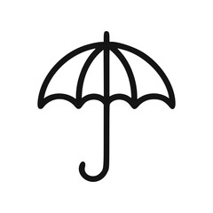 Simple black line art icon of an open umbrella on a white background