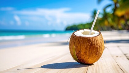 Fresh Coconut Drink on the Beach with Straw