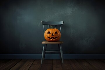 Halloween Jack-o'-Lantern on Blue Chair in Moody Dark Room