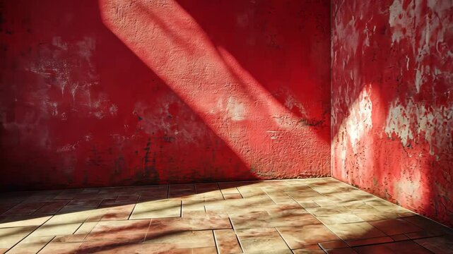 A vibrant red interior corner with textured walls and sunlight casting shadows on the floor