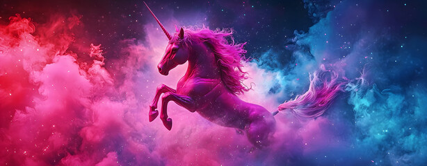 surreal neon artistry A majestic unicorn leaps through vibrant clouds. fantasy light sculpture futuristic dream objects