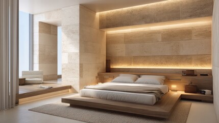 modern master bedroom with cream stone tiles and warm diffused wall light, subtle volumetric rays across textured linen,