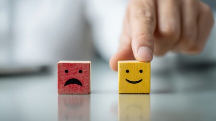 Selecting positive feedback, a hand chooses a wooden block with a smiling face, leaving a sad face behind.