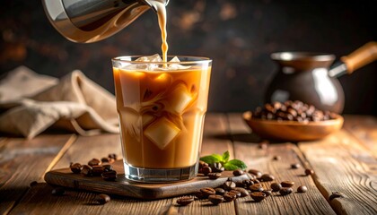 Iced Coffee with Swirling Milk in Transparent Glass 