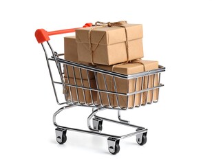 Mini Cart with Kraft Boxes on White