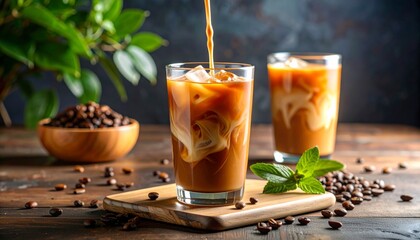 Iced Coffee with Swirling Milk in Transparent Glass 