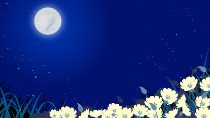 Fototapeta premium 満月と月見草の花畑の夜の風景イラスト
