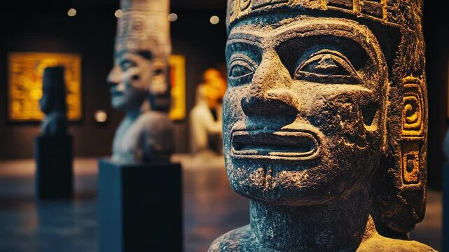 Intricate stone statues displayed in an artful museum setting.