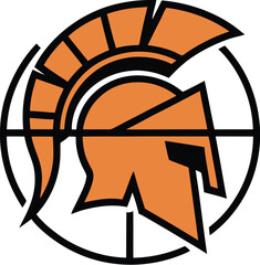 Fototapeta premium A stylized logo featuring a spartan helmet inside of a target reticle on a light cream background