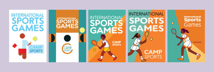 Tennis and International Sports Games – Flat Vector A4 Flyer Set Featuring Male and Female Players, Court, Rackets, Balls, Sneakers – Perfect for Minimal Poster, Flyer, Cover or Background Design