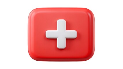 Fototapeta premium A clean and simple 3d rendered medical icon featuring a white cross inside a rounded red square, symbolizing health, first aid, and assistance.