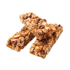 Three delicious chocolate chip granola bars stacked together isolated on transparent background
