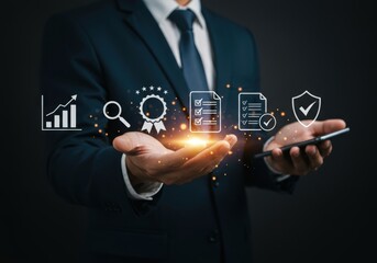 Businessman holding digital icons representing business growth quality assurance compliance and security on a dark background