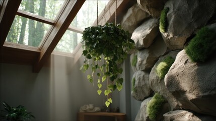 nature-themed kid room with mossy green and mushroom brown tones, skylight casting sunbeam with dust particles visible, on