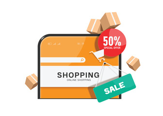 red circle promotion sign with text special offer 50% off is place in shopping cart icon and green sale sign is hanging below, all displayed on smartphone screen. vector 3d for online shopping concept
