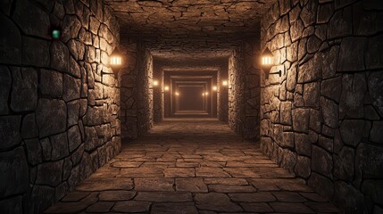 Dark stone dungeon with crumbling walls, flickering torches, and eerie shadows creeping along the corridors