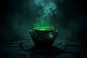 Glowing Green Magic Cauldron with Steam and Fog – Mysterious Halloween Scene