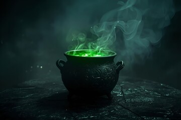 Glowing Green Magic Cauldron with Steam and Fog – Mysterious Halloween Scene
