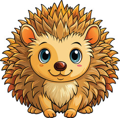 cartoon illustration of a cute baby hedgehog with large bright blue eyes and a warm brown smile