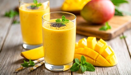 Mango Smoothie in Tall Glass with Chia Seeds 