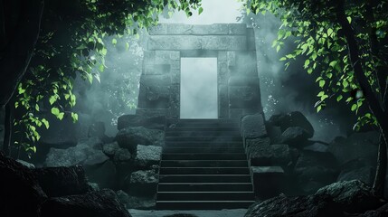 Deep jungle temple overgrown with glowing vines, hidden beneath layers of mist and ancient magic