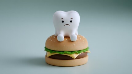 Unhappy tooth sits atop a tempting burger, showcasing dental health concerns and dietary choices