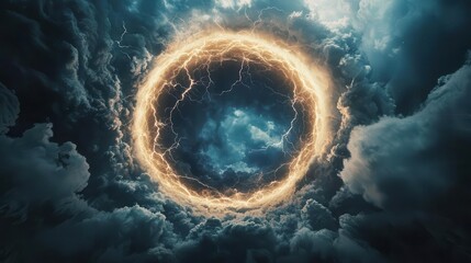 Glowing energy portal opening in the sky, swirling vortex pulling in debris, bright lightning crackling around the edges