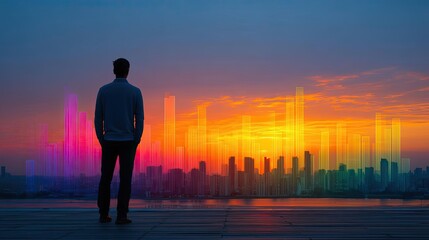 Investor satisfaction from long-term confidence concept. A person gazing at a vibrant city skyline during sunset.