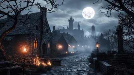 Gothic medieval town at night, glowing lanterns, foggy streets, and towering castles in the distance