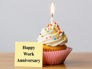 Single cupcake with lit candle and sprinkles celebrating a work anniversary