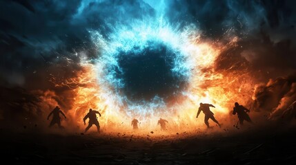 Magical energy explosion in a fantasy battlefield, glowing blue shockwave expanding, warriors caught in midair from the blast