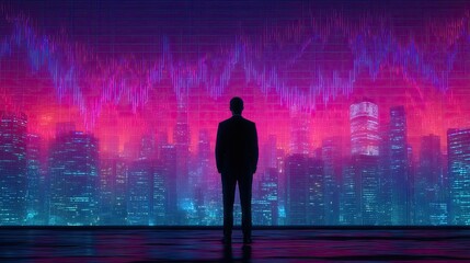 Future return trust with market confidence level concept. A businessman analyzing data trends against a vibrant city skyline.