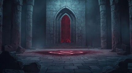 Sacrificial dungeon with bloodstained altars, demonic statues, and arcane symbols glowing with dark energy