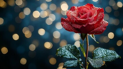 Close-up of a red rose with water droplets, against a backdrop of soft, golden bokeh - Powered by Adobe