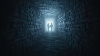 Shadow realm dungeon with shifting walls, eerie whispering voices, and shadowy figures lurking in the darkness