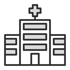 icon vector art illustration of a multi-story hospital building with a medical cross on the roof, symbolizing health care, clinic, emergency services, doctor, wellness, medicine, and facility.