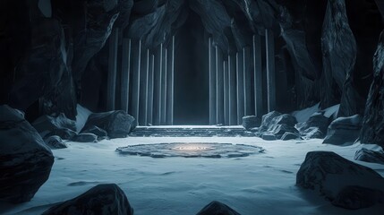 Snowcovered ancient temple dungeon, buried in ice, with magical runes glowing faintly beneath the surface