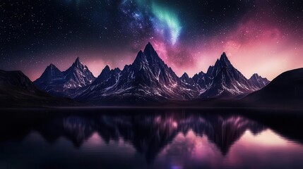 Towering crystal mountains reflecting a vibrant aurora, otherworldly fantasy landscape, openworld exploration
