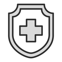 line icon of a classic heraldic shield with a large central medical cross symbol, representing health insurance, security, medical protection, vaccination, healthcare safety, and data defense concept