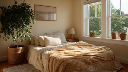 Fototapeta premium pastel-themed guest bedroom in light peach and cream with natural side lighting illuminating soft chenille blanket, framing window